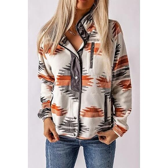 SELINK Womens Fleece Jacket Western Aztec Print Long Sleeve Snap Button - Picture 3 of 6